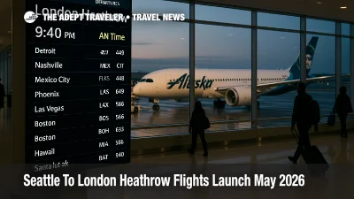 Seattle London nonstop flights appear on SEA departures board beside a 787 at gate, previewing May 2026 launch