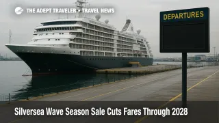 Silversea wave season sale cues in Piraeus near Athens as a luxury ship readies embarkation with discounted suites
