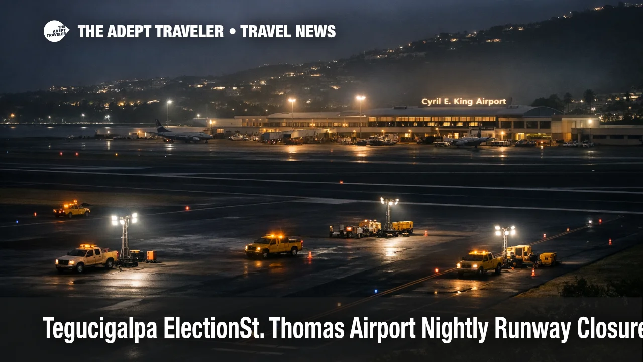 St. Thomas airport runway closure at night at Cyril E. King Airport, with maintenance lights on the runway