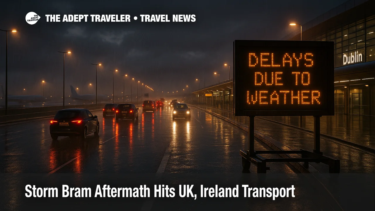 Storm Bram UK Ireland transport disruption, rain slows Dublin Airport access roads, raising delays for weekend travelers