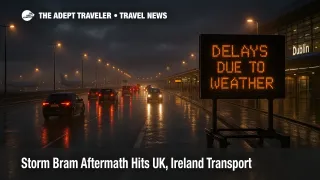 Storm Bram UK Ireland transport disruption, rain slows Dublin Airport access roads, raising delays for weekend travelers