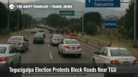 Tegucigalpa election protest roadblocks slow traffic outside Toncontín Airport (TGU) with queued cars and barriers