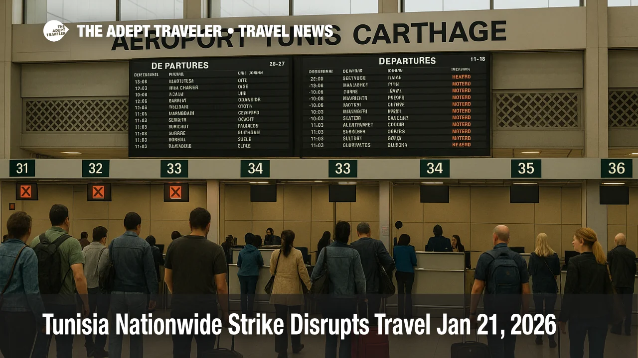 Tunisia nationwide strike travel disruption shown in Tunis Carthage Airport as queues form at sparse counters