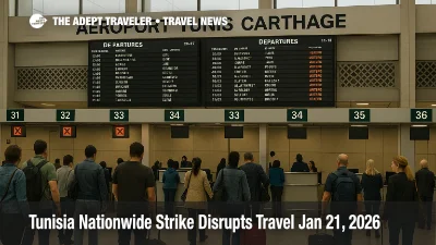 Tunisia nationwide strike travel disruption shown in Tunis Carthage Airport as queues form at sparse counters
