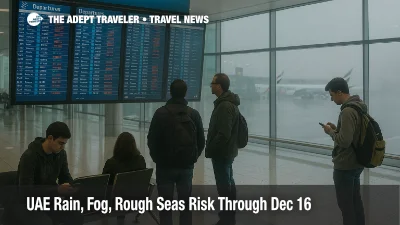 UAE rain fog rough seas slow transfers as travelers watch delays board at Dubai International Airport