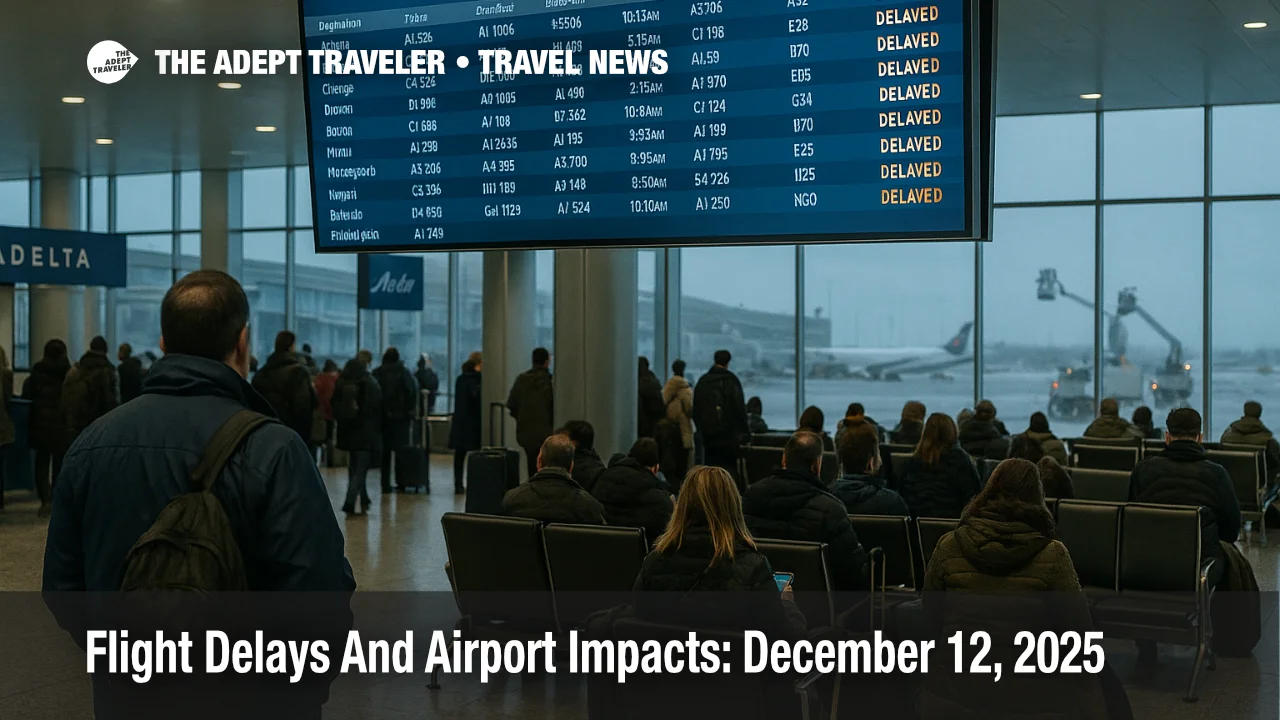US flight delays December 12 at Boston Logan as travelers watch a departures board under gusty winds