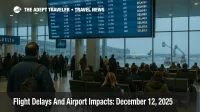 US flight delays December 12 at Boston Logan as travelers watch a departures board under gusty winds