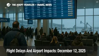 US flight delays December 12 at Boston Logan as travelers watch a departures board under gusty winds