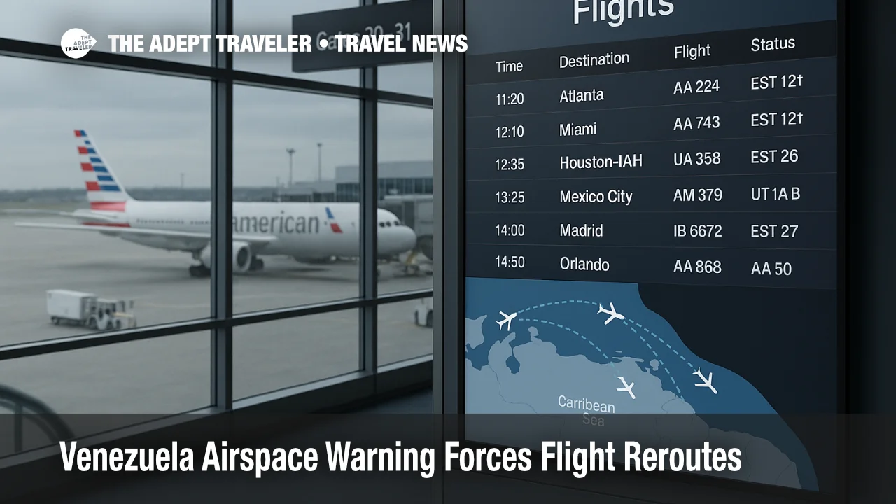 Venezuela airspace warning reroutes show on a flight map as jets detour north of Caracas over the Caribbean Sea