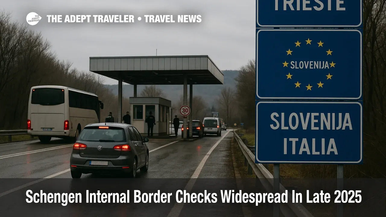 Schengen internal border checks slow cars near Trieste on the Italy to Slovenia route during winter travel