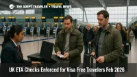 UK ETA checks February 2026 as travelers queue at London Heathrow check-in for passport verification