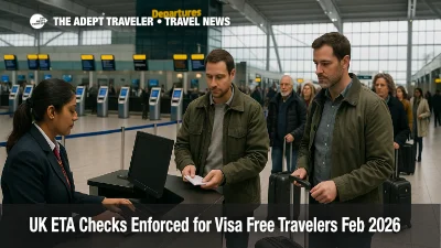 UK ETA checks February 2026 as travelers queue at London Heathrow check-in for passport verification