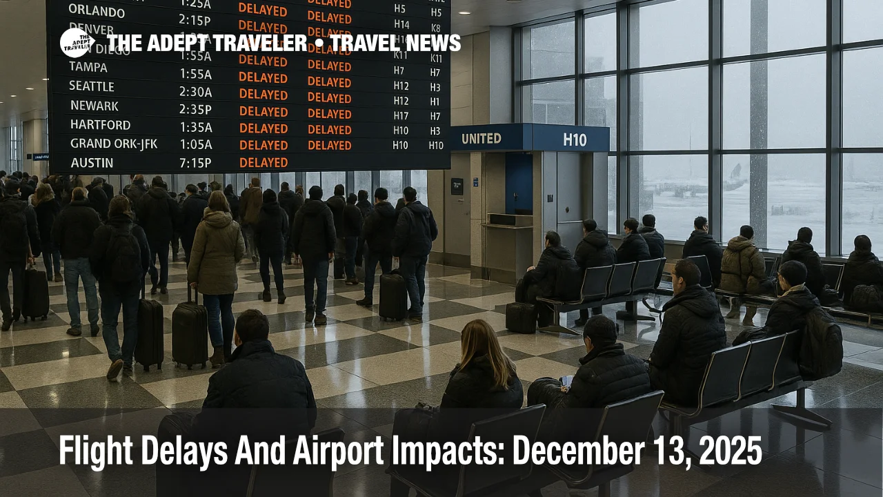 Flight delays December 13, 2025 show on Chicago O'Hare board in a crowded terminal as snow slows departures