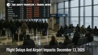 Flight delays December 13, 2025 show on Chicago O'Hare board in a crowded terminal as snow slows departures