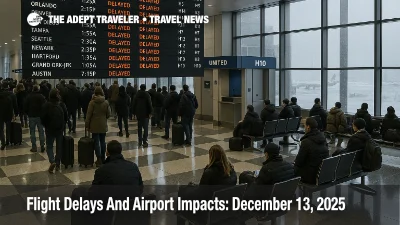Flight delays December 13, 2025 show on Chicago O'Hare board in a crowded terminal as snow slows departures