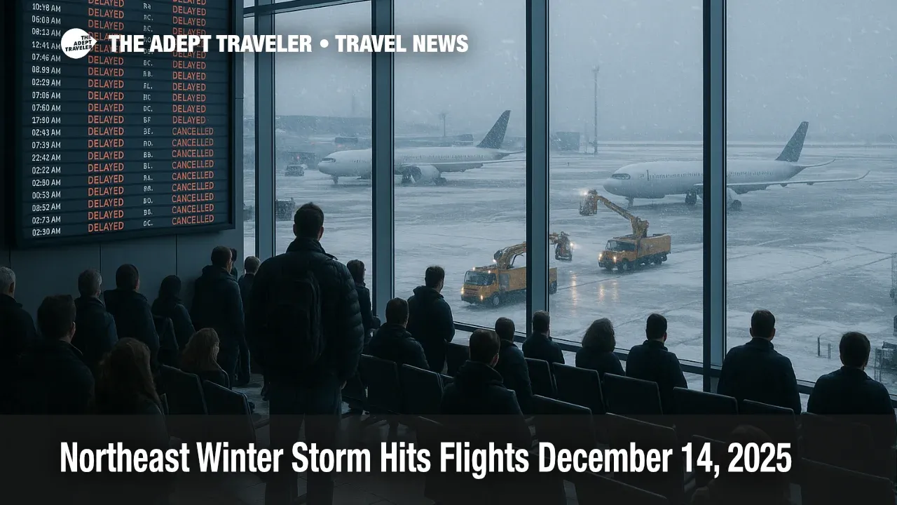 Northeast winter storm flight delays at LaGuardia, snow covered ramp, deicing trucks, and packed gate area