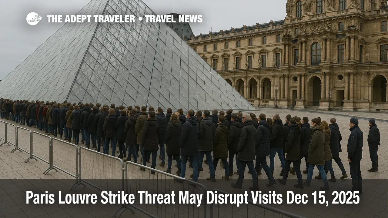 Paris Louvre strike delays visitors at Pyramid entrance as entry lines grow on December 15, 2025
