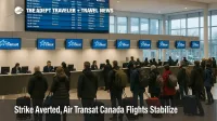 Air Transat strike averted as travelers check boards at Montréal Trudeau Airport during rebooking and schedule recovery