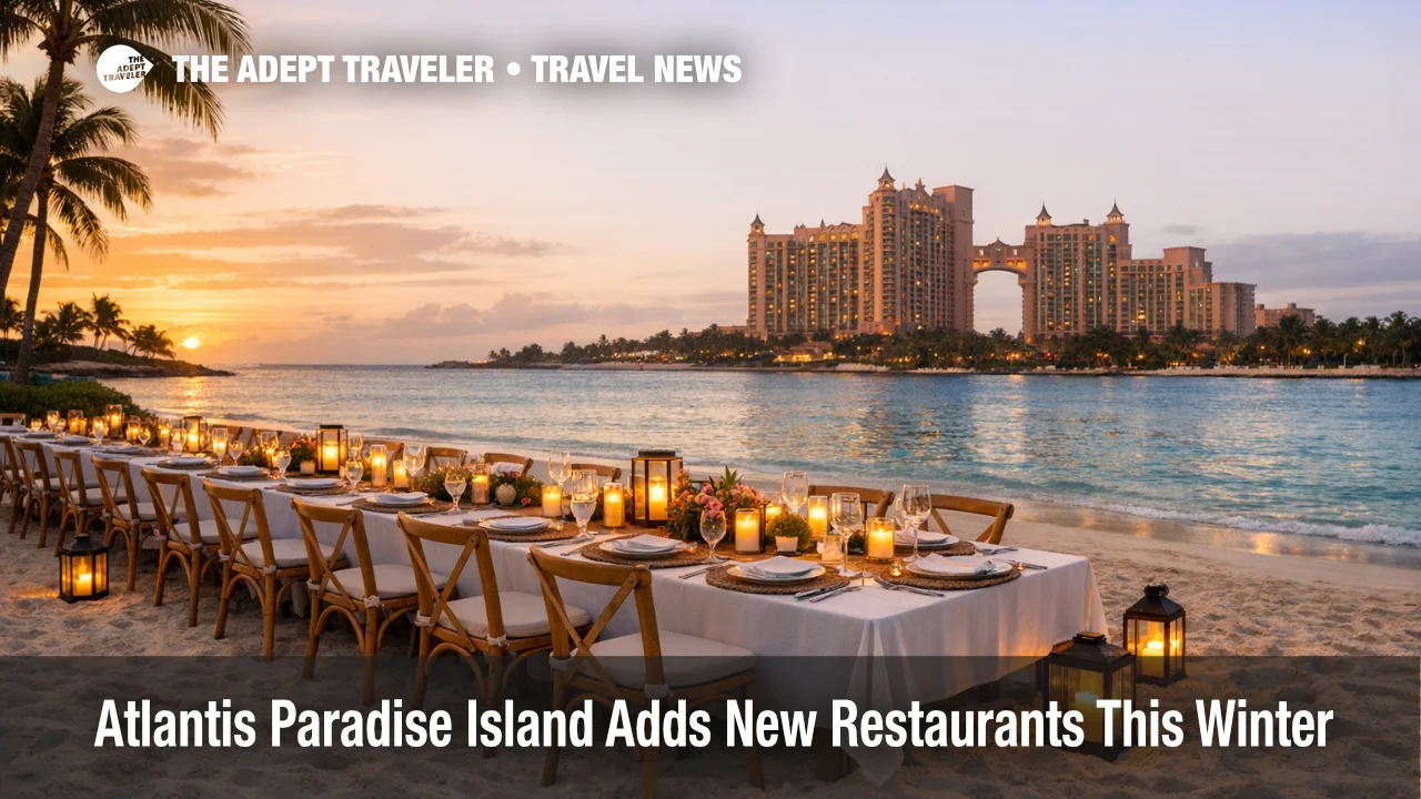 Atlantis Paradise Island new restaurants spotlight a Cove beach dinner setup at sunset for December 2025 stays