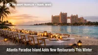 Atlantis Paradise Island new restaurants spotlight a Cove beach dinner setup at sunset for December 2025 stays