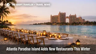 Atlantis Paradise Island new restaurants spotlight a Cove beach dinner setup at sunset for December 2025 stays