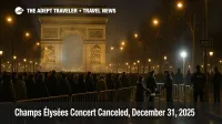 Champs Elysees New Years Eve concert canceled, visitors watch Arc de Triomphe fireworks behind security barriers