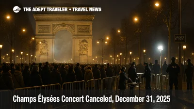 Champs Elysees New Years Eve concert canceled, visitors watch Arc de Triomphe fireworks behind security barriers
