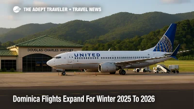 Dominica flights winter 2025 2026 shown on Douglas-Charles Airport board as new Miami and Newark service begins