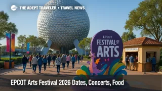 Guests pass Festival of the Arts signage at EPCOT as EPCOT Arts Festival 2026 crowds build