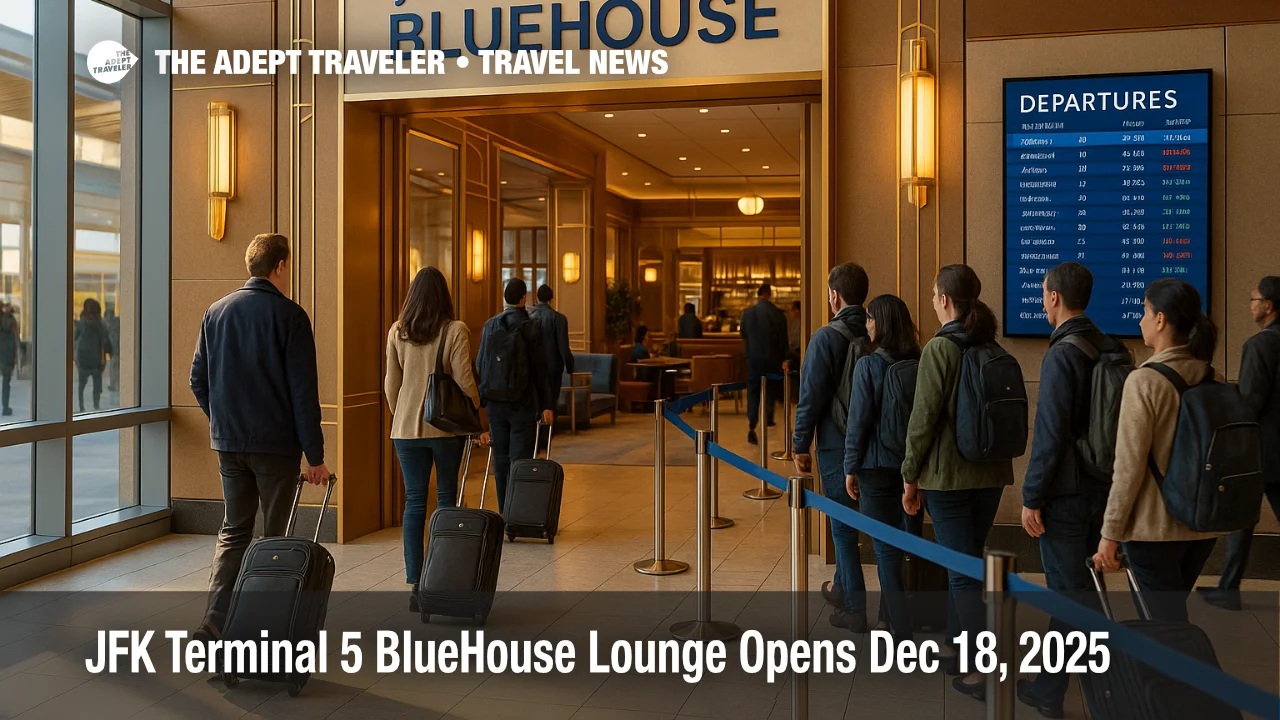 JetBlue BlueHouse lounge JFK opens in Terminal 5, as travelers queue near the entrance before flights