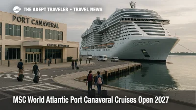 MSC World Atlantic Port Canaveral sailings show passengers boarding at a Florida terminal for 2027 Caribbean cruises