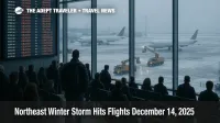 Northeast winter storm flight delays at LaGuardia, snow covered ramp, deicing trucks, and packed gate area