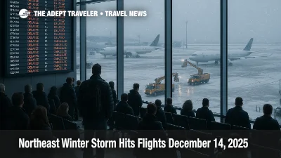 Northeast winter storm flight delays at LaGuardia, snow covered ramp, deicing trucks, and packed gate area