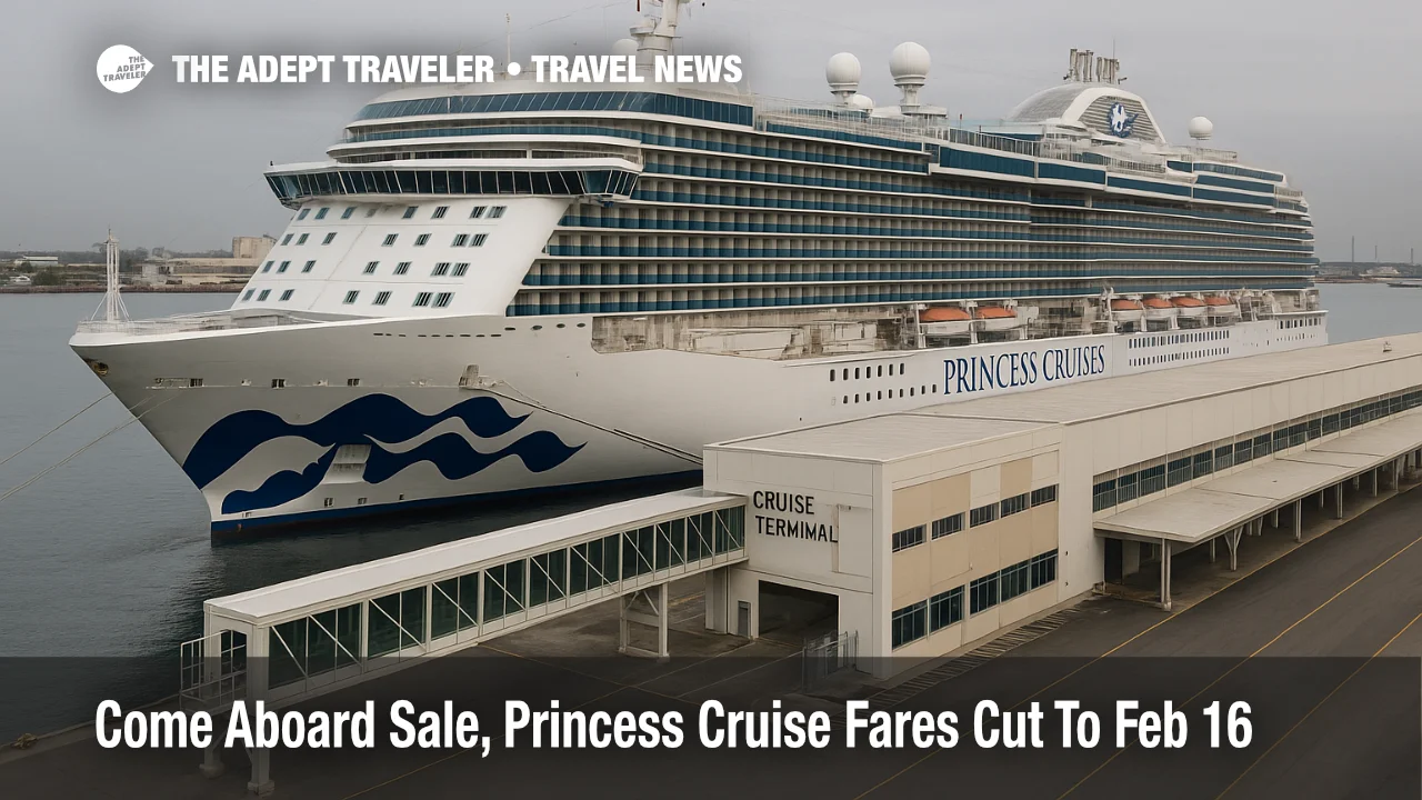Princess Come Aboard Sale cues a docked cruise ship as travelers shop Wave Season fares through February 16, 2026