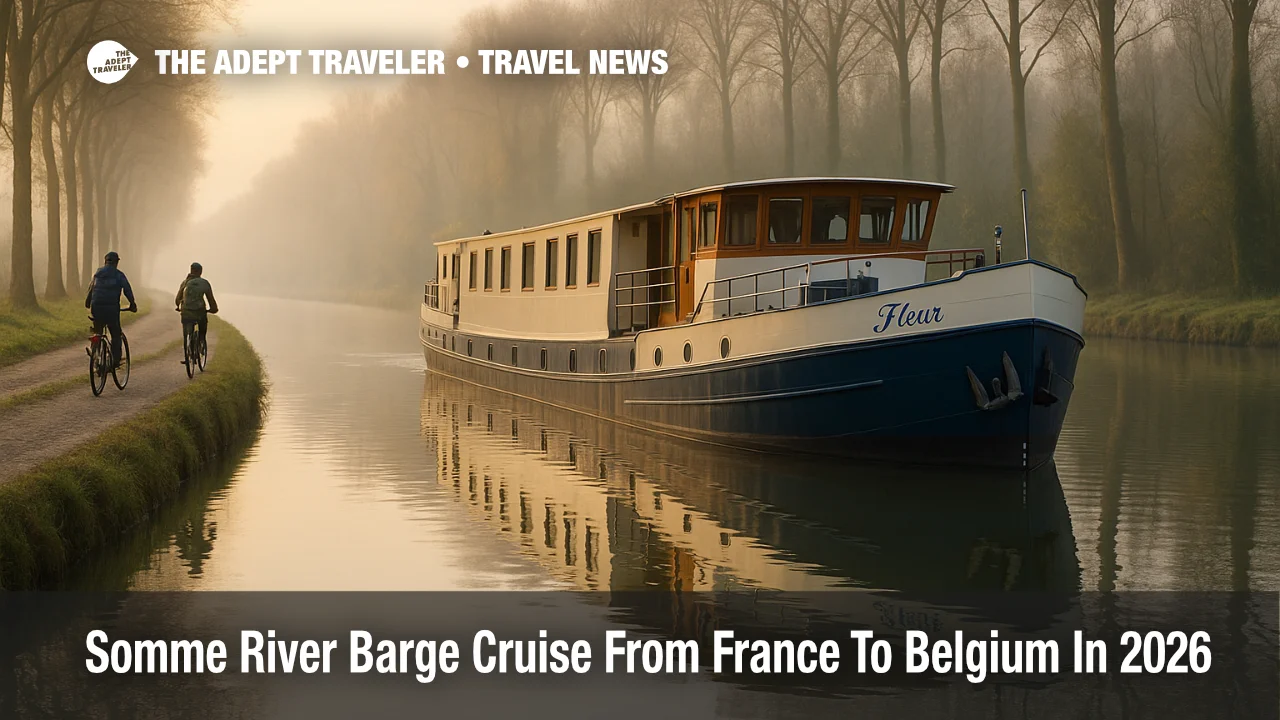 Somme River barge cruise on the Fleur near Amiens, with e bike riders on the towpath, signaling a 2026 France Belgium route