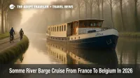 Somme River barge cruise on the Fleur near Amiens, with e bike riders on the towpath, signaling a 2026 France Belgium route