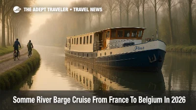 Somme River barge cruise on the Fleur near Amiens, with e bike riders on the towpath, signaling a 2026 France Belgium route