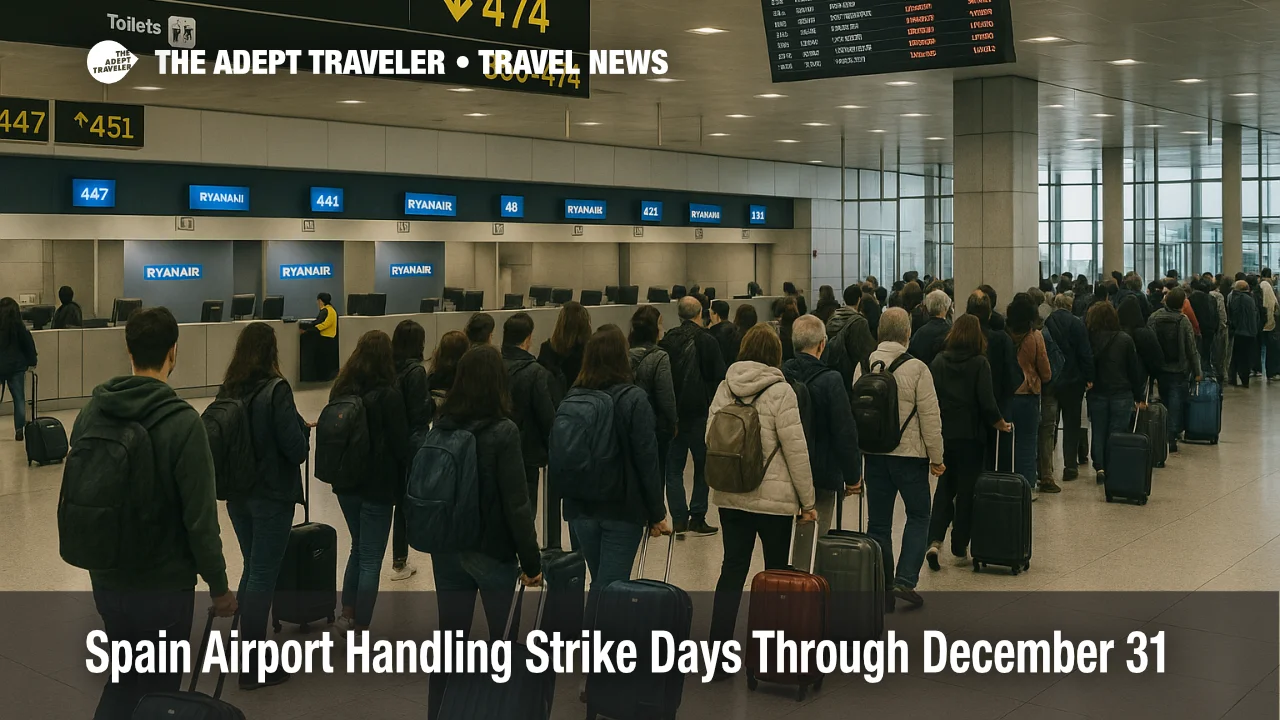 Spain airport handling strike slows check in lines at Madrid Barajas as Ryanair travelers wait with carry on bags