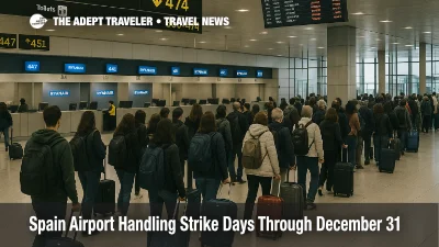 Spain airport handling strike slows check in lines at Madrid Barajas as Ryanair travelers wait with carry on bags