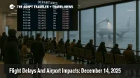 US flight delays December 14 at Newark as travelers wait under a departures board showing widespread delays