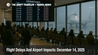 US flight delays December 14 at Newark as travelers wait under a departures board showing widespread delays