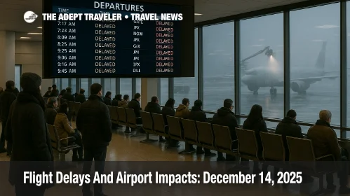 US flight delays December 14 at Newark as travelers wait under a departures board showing widespread delays