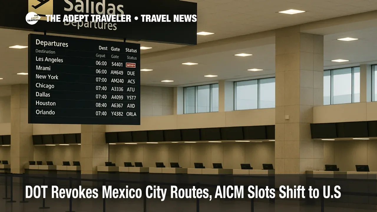 DOT Mexico City routes revoked notice at Mexico City airport, prompting travelers to confirm MEX vs NLU flights
