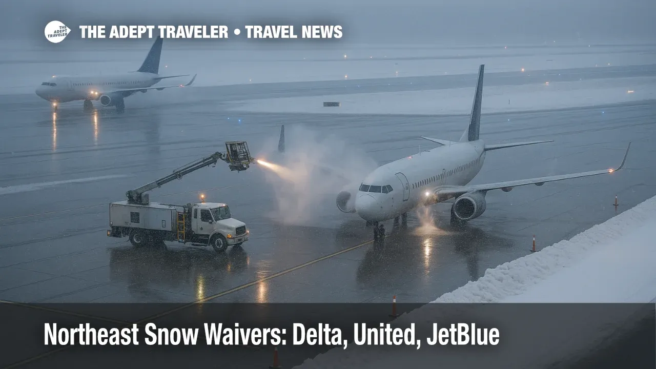 Northeast snow travel waivers help rebook flights at LaGuardia Airport as deicing and snow slow December 14 operations