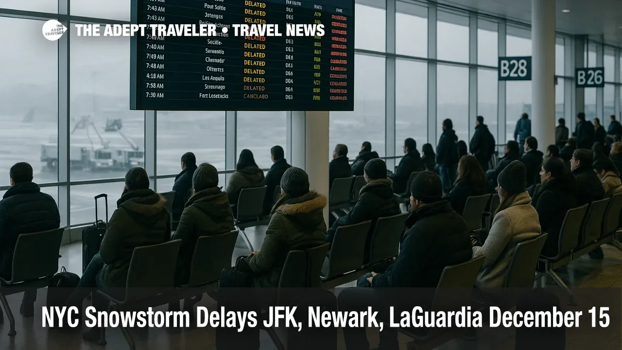NYC airport delays after snow as travelers watch delays on a JFK departures board during December 15 disruptions