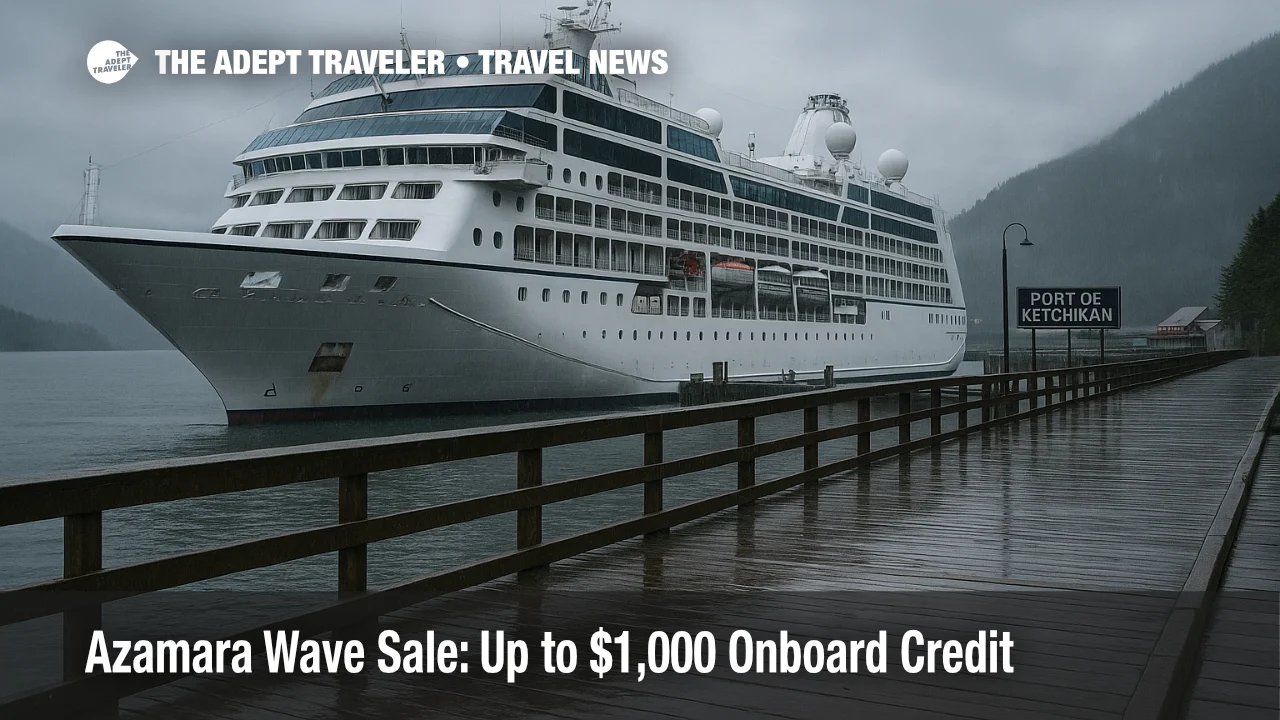 Azamara Wave Season onboard credit offer for 2026 Alaska sailings, ship at Ketchikan pier under gray skies