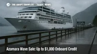Azamara Wave Season onboard credit offer for 2026 Alaska sailings, ship at Ketchikan pier under gray skies