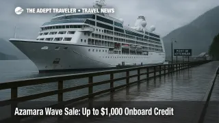 Azamara Wave Season onboard credit offer for 2026 Alaska sailings, ship at Ketchikan pier under gray skies