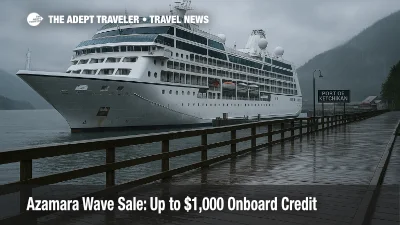 Azamara Wave Season onboard credit offer for 2026 Alaska sailings, ship at Ketchikan pier under gray skies
