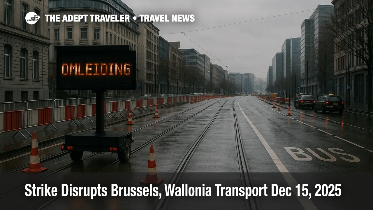 Brussels Wallonia transport strike disrupts central Brussels tram and road access near Place du Luxembourg on Dec 15, 2025